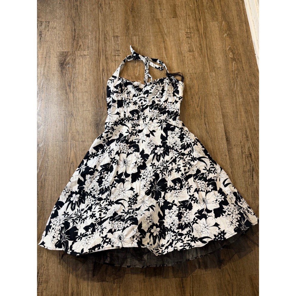 Mariposa Floral Halter Dress Black White Retro Rockabilly Tulle Size 13/14